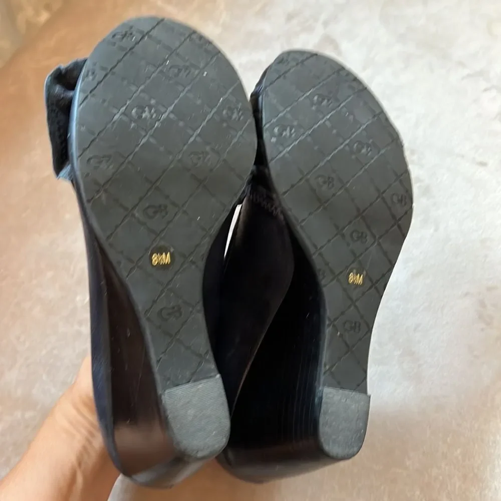 *Office Siren 💃* Gianni Bini Sz 8.5 Navy Blue Leather Big Bow Toe Wedge Heels